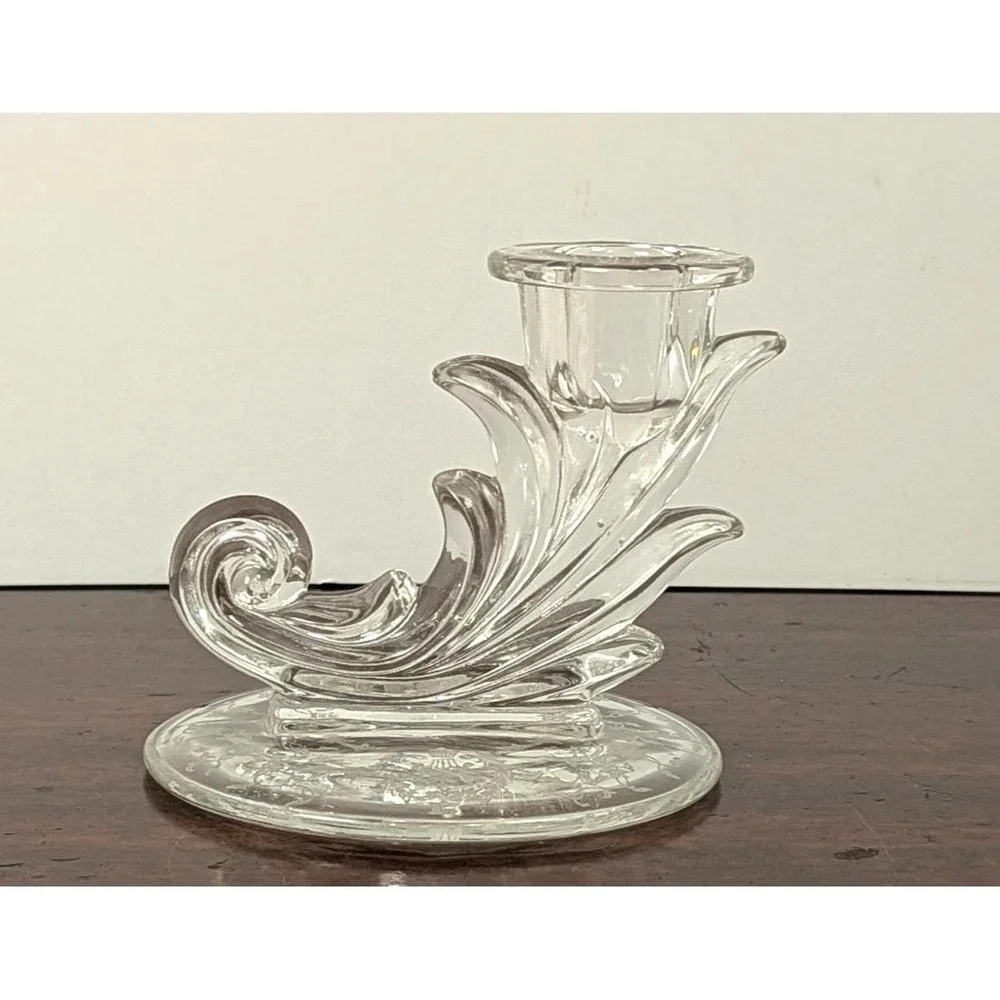 Vintage Clear Glass Cornucopia Candlestick Etched Floral UV Reactive Glows 4.25